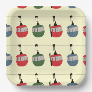 Retro Winter Ski Gondola Lift Skiers Cream Paper Plate
