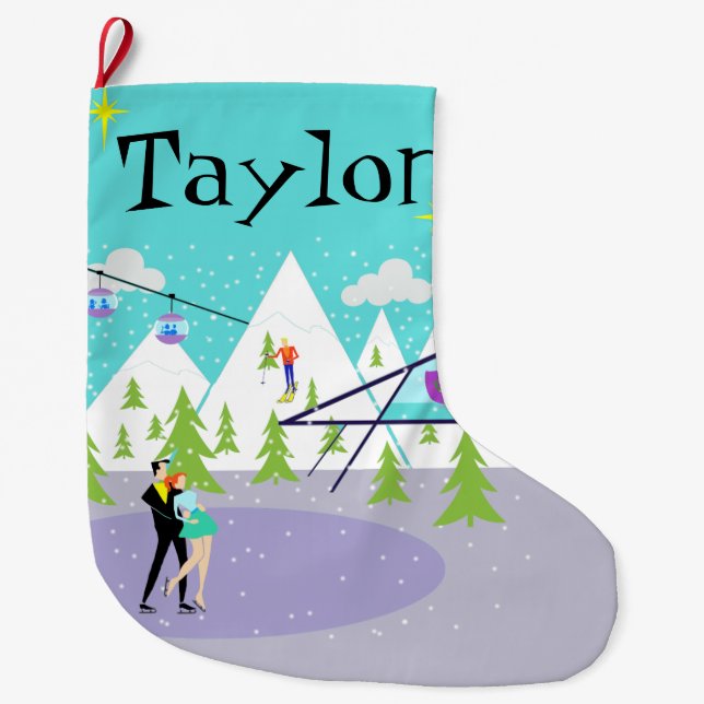 Retro Winter Ski Resort Christmas Stocking (Front)
