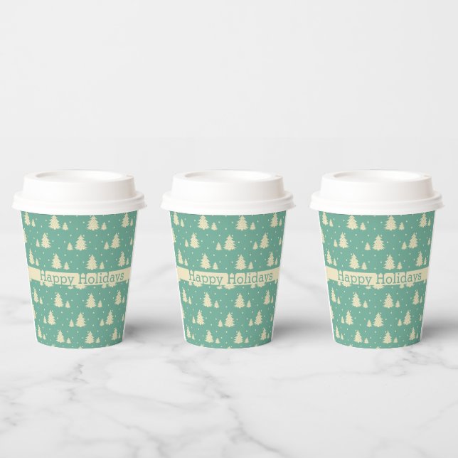 Retro Winter Trees on Turquoise With Text Band  Paper Cups (Multi)
