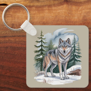 Retro Winter Wolf Watercolor 90's Wilderness Natur Key Ring