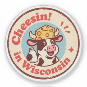 Retro Wisconsin Badge_ Cartoon Cow in Cheese Hat