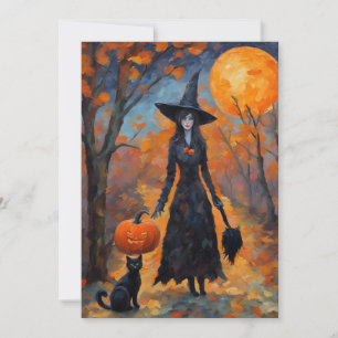 Retro Witch, Black Cat and Pumpkin, Halloween Holiday Card