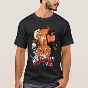Retro Witch Ghost Pumpkin Black Cat Skeleton  Hall T-Shirt