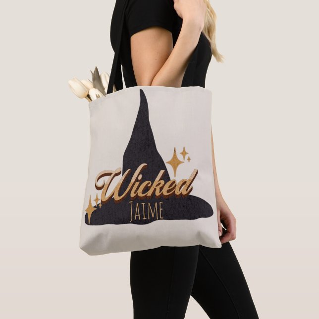Retro Witch Hat Wicked Name Tote Bag (Close Up)