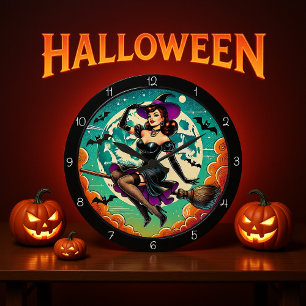 Retro Witch On Broom Large Clock