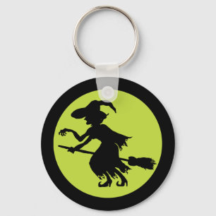 Retro Witch on Broom Silhouette Key Ring