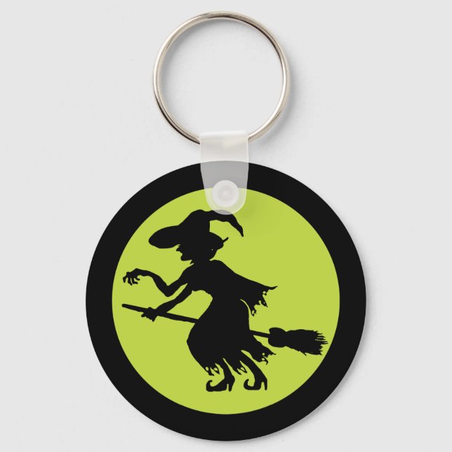Retro Witch on Broom Silhouette Key Ring (Front)