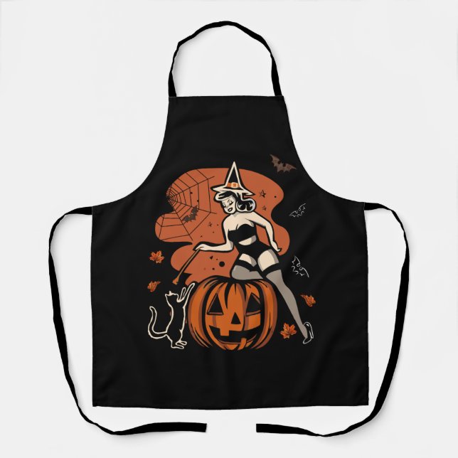 Retro Witch Pin Up Pumpkin Jack O Lantern Hallowee Apron (Front)