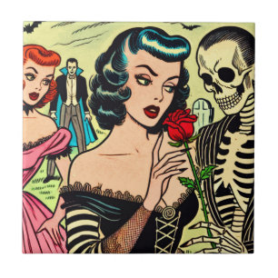 Retro Witch Vampire Girl Horror Comics Ceramic Tile