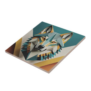 Retro wolf cool geometric style Blue mustard Ceramic Tile