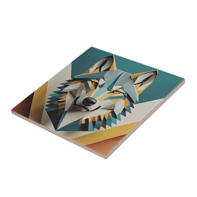 Retro wolf cool geometric style Blue mustard  Ceramic Tile (Side)