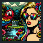 Retro Woman and Parrot in the Park Pop Art  Poster<br><div class="desc">Retro pop art comic style art beautiful woman in sunglasses in a flower garden with waterfall with a pretty colourful parrot by her. She is surrounded by nature,  a pond and flowers.</div>