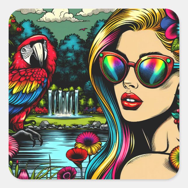 Retro Woman and Parrot in the Park Pop Art  Square Sticker (Front)