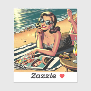 Retro Woman at Beach reading a Fashion Magazine