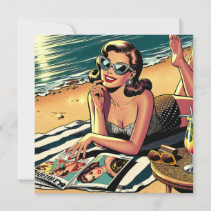 Retro Woman at Beach reading a Fashion Magazine Card