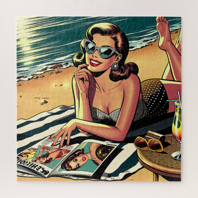 Retro Woman at Beach reading a Fashion Magazine Jigsaw Puzzle (Vertical)