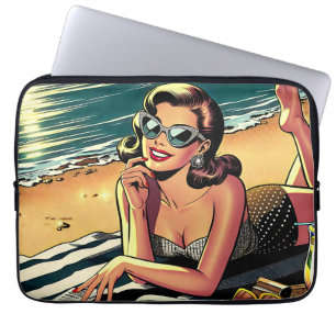 Retro Woman at Beach reading a Fashion Magazine Laptop Sleeve