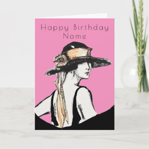 Retro Woman Black Hat Art Deco Pink Birthday Card