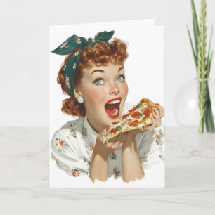 Retro Woman Enjoying Pizza Slice Card