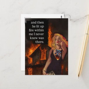 Retro Woman Fire Within House on Fire Collage Postcard