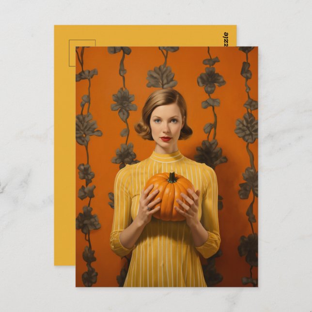 Retro Woman Holding Pumpkin Postcard (Front/Back)