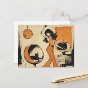 Retro Woman in Orange Dances With Black Cat Postcard