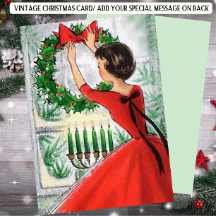 Retro Woman in Red Wreath Christmas Holiday Card