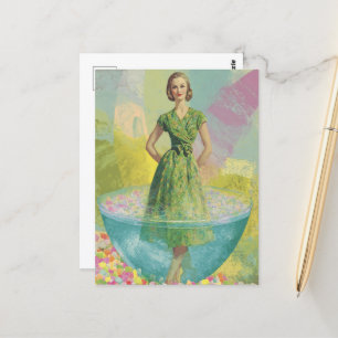 Retro Woman in Tiny Glass Surreal Postcard