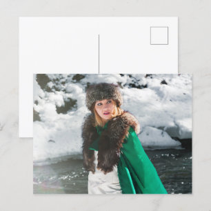 Retro woman in winter postcard