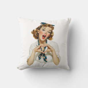 Retro Woman Making Heart Gesture Cushion
