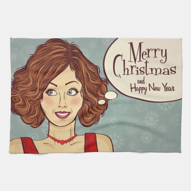 Retro Woman Merry Christmas Tea Towel (Horizontal)