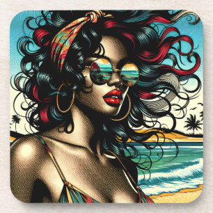 Retro Woman on Beach Comic Style Pop Art Coaster