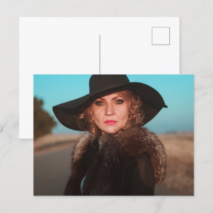 Retro woman on road postcard