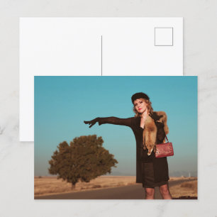 Retro woman on road postcard