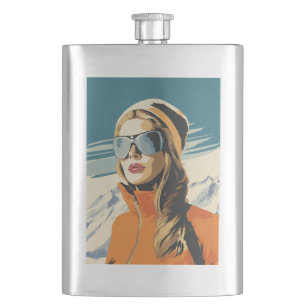 Retro Woman Portrait In The Snow Hip Flask