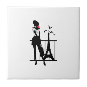 Retro woman red and black silhouette with Eiffel T Ceramic Tile