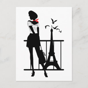 Retro woman red black silhouette with Eiffel Tower Postcard