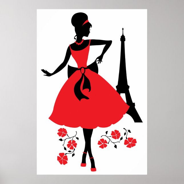 Retro woman red black silhouette with Eiffel Tower Poster (Front)