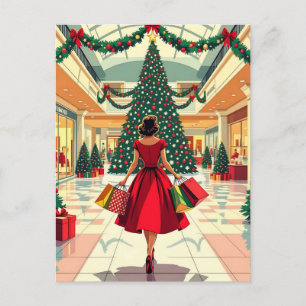 Retro Woman Shopping Mid Century Christmas Postcard