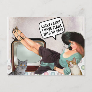 RETRO WOMAN SORRY CAN'T PLANS WITH CATS POSTCARDS