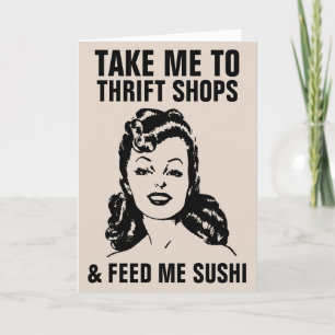 RETRO WOMAN THRIFT SHOPS & SUSHI FUNNY Cards