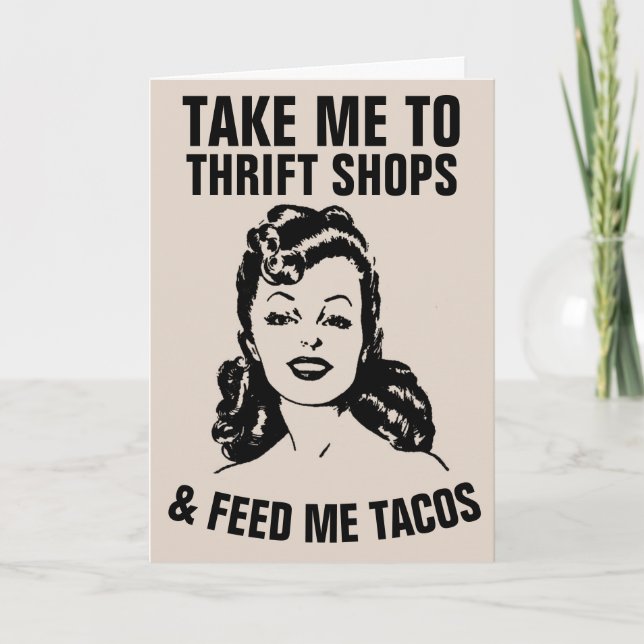 RETRO WOMAN THRIFT SHOPS & TACOS FUNNY Cards (Front)