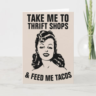 RETRO WOMAN THRIFT SHOPS & TACOS FUNNY Cards