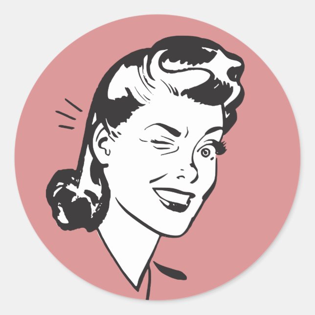 Retro woman winking illustration on pink classic round sticker (Front)