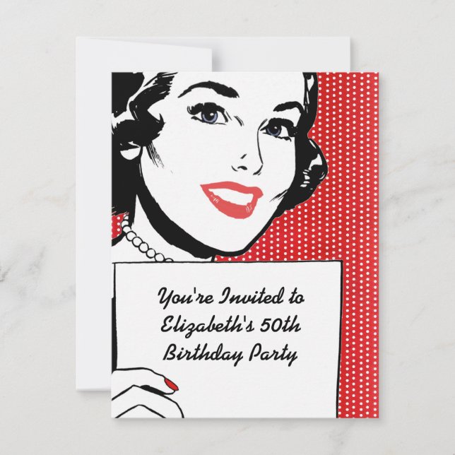 Retro Woman with a Sign Birthday Invitation (Front)