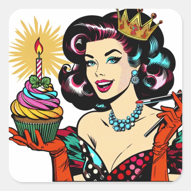 Retro Woman with Birthday Cupcake Square Sticker (Front)