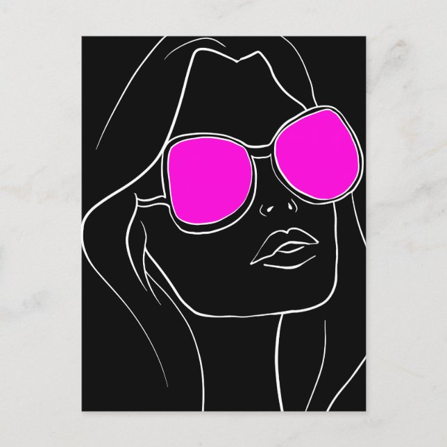 Retro Woman's Face in Pink Sunglasses Black  Postcard (Front)