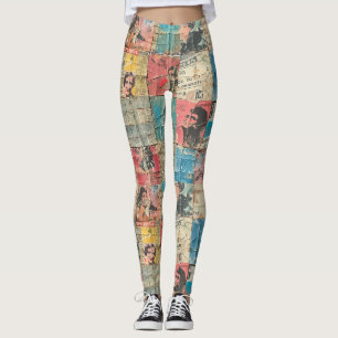 Retro Women Newspaper Vintage Mosaic Pattern Leggings