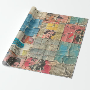 Retro Women Newspaper Vintage Mosaic Pattern Wrapping Paper
