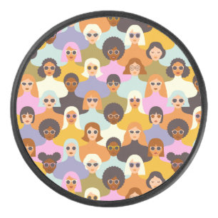 Retro Women of the World Pattern Hockey Puck